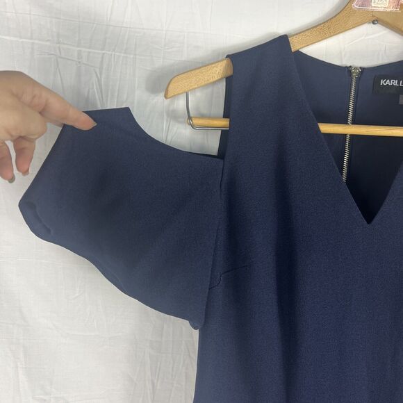 Karl Lagerfeld Navy Blue Wide Leg Sleeveless Jumpsuit Sz 0 Cold Shoulder V Neck - Picture 6 of 10